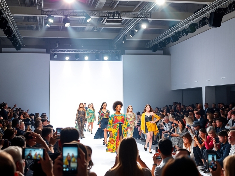 A vibrant fashion show featuring models on the runway, showcasing colorful designs with a stylish audience in the background.