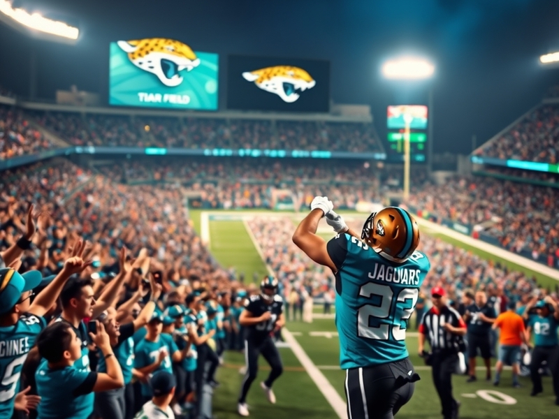 A vibrant image of a Jacksonville Jaguars game at TIAA Bank Field, featuring fans in team colors, intense gameplay, and the e