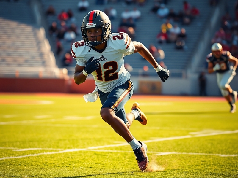 An action shot of Braelon Allen in a Wisconsin Badgers uniform, running with the football against a blurred background of a c