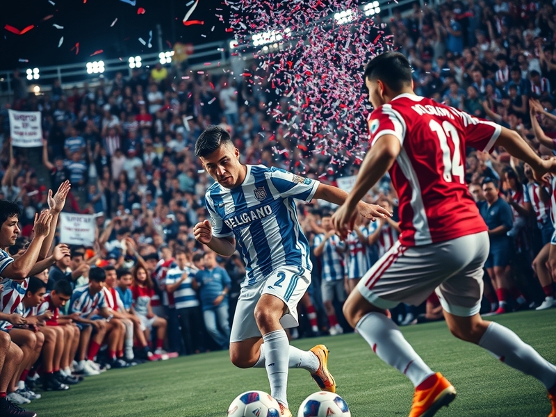 A vibrant scene from a Belgrano vs. River Plate match, showcasing passionate fans in team colors, a packed stadium, and the e