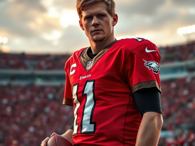 A thoughtful portrait of Andy Dalton in an Eagles jersey, looking contemplative against the backdrop of a football field, cap