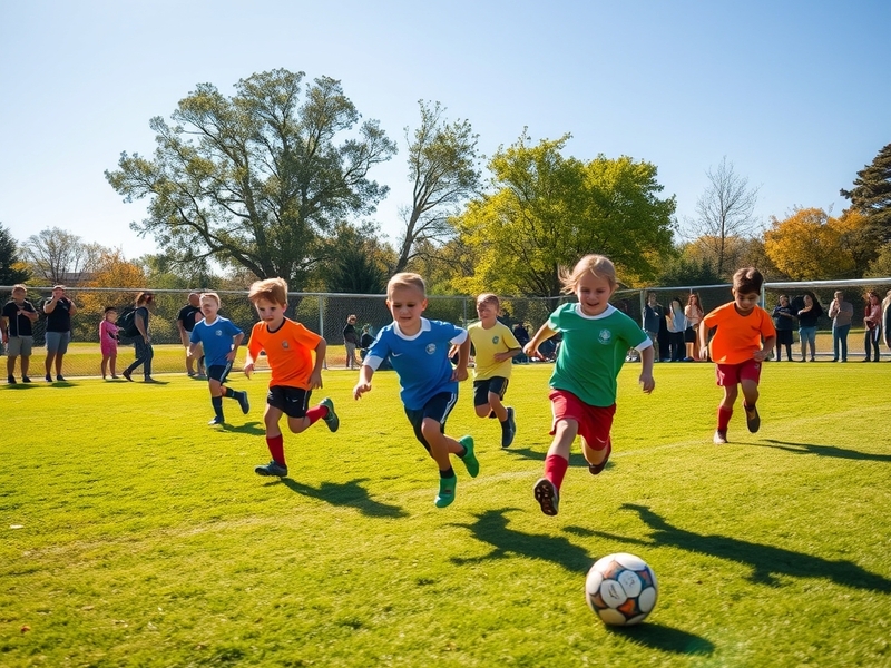 A vibrant soccer field in Wichita during a youth match, showcasing young players in action, with enthusiastic parents and com