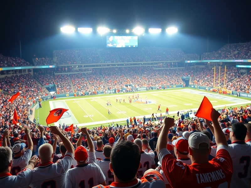 An action-packed scene from a Monday Night Football game, featuring players in dynamic motion, a cheering crowd, and the stad