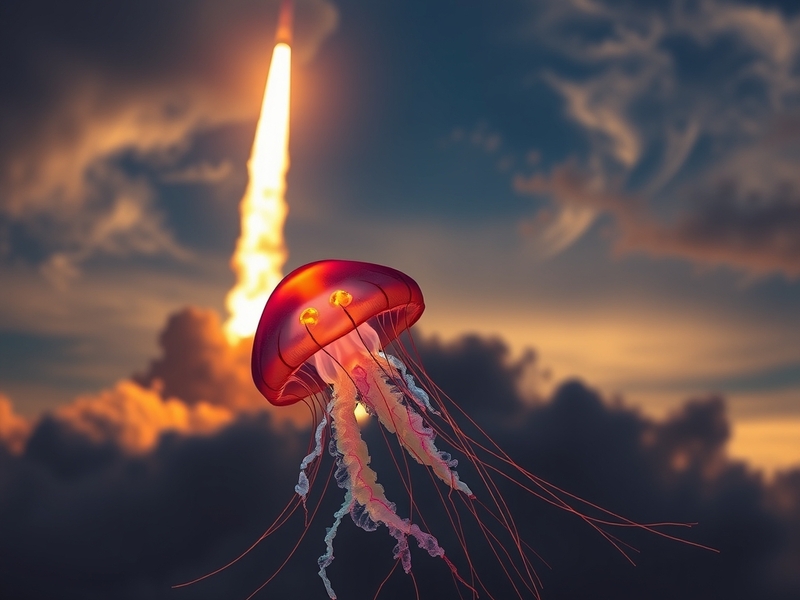 An artistic rendering of the Jellyfish spacecraft in space, showcasing its bio-inspired design with vibrant colors and a cosm
