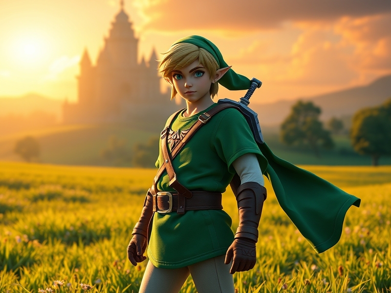 An artistic representation of Link exploring Hyrule, showcasing lush landscapes and iconic elements from Ocarina of Time, cre