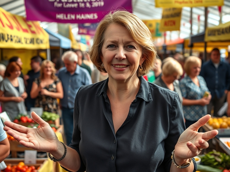 A portrait of Helen Haines engaging with constituents at a town hall meeting, showcasing her approachable demeanor and commit