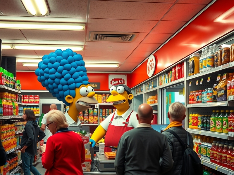 An illustration of Apu in his Kwik-E-Mart, surrounded by various products, highlighting his role as a beloved yet controversi
