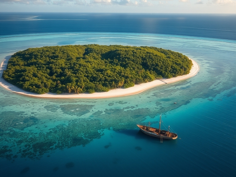 Aerial view of Nikumaroro Atoll showcasing its turquoise waters, coral reefs, and lush greenery, evoking a sense of mystery a