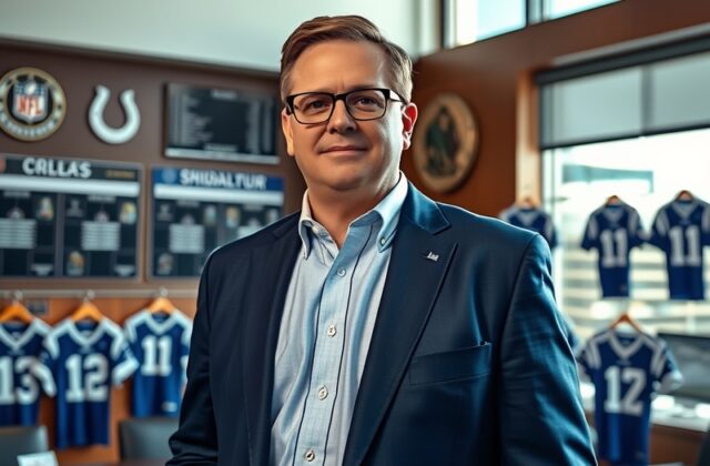 A portrait of Chris Ballard during a game, in Colts gear, focused and engaged on the sidelines with players in action behind