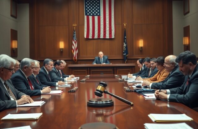 A courtroom setting with military officials and legal representatives, highlighting the seriousness of the plea deal discussi