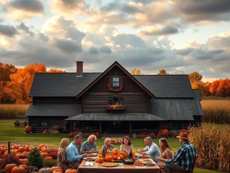 A picturesque Thanksgiving table set outdoors with autumn leaves, surrounded by mild weather, symbolizing the 2026 Thanksgivi