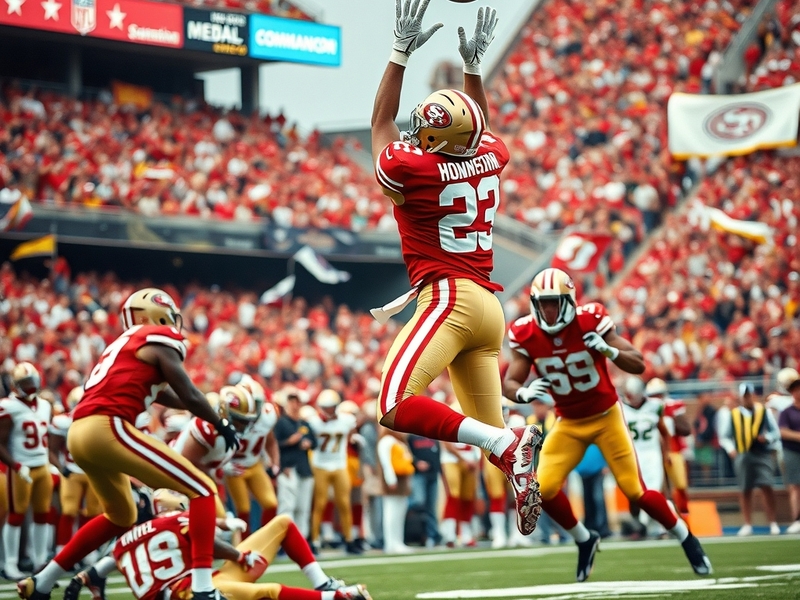 An action-packed scene from a football game, featuring the 49ers and Commanders in a tense moment, showcasing players in vibr