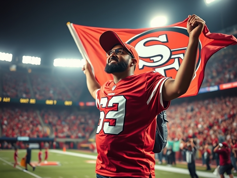 A dynamic action shot of Mustapha in a 49ers uniform, showcasing his agility and speed on the field