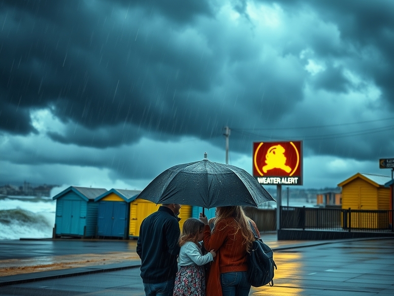 A dramatic scene of stormy weather in the UK, featuring dark clouds and heavy rain, with people taking precautions.