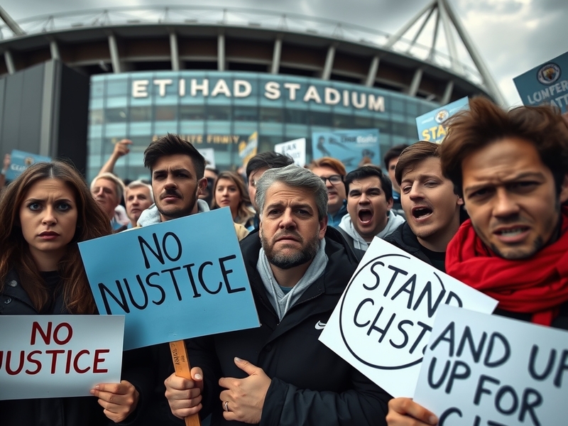 An image depicting a Manchester City match with fans in the stands, showcasing club colors and a tense atmosphere, reflecting