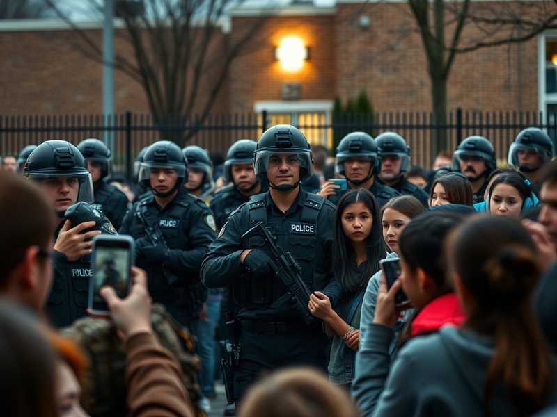 A tense school environment during an evacuation drill, with students and teachers calmly leaving the building as emergency re