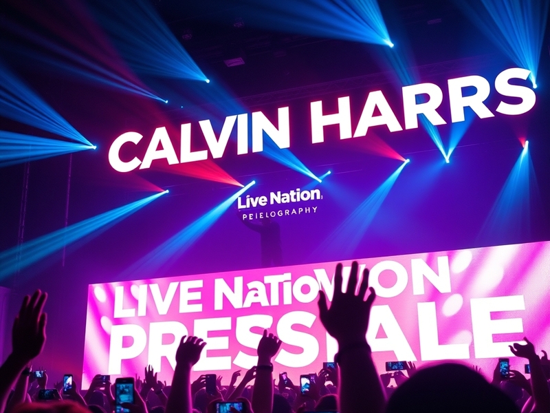 A vibrant concert scene featuring Calvin Harris performing on stage with dynamic lighting and an energetic crowd, capturing t