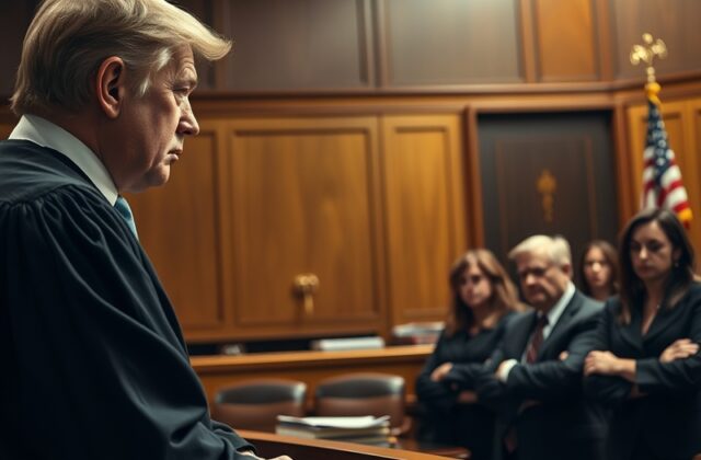 A courtroom scene with a gavel, symbolizing legal battles, featuring a judge's bench and legal documents in a serious setting