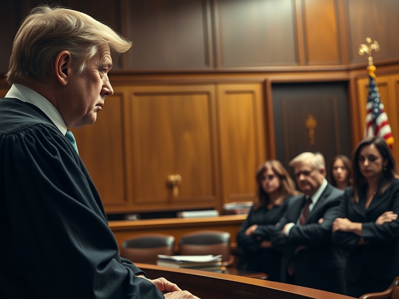 A courtroom scene with a gavel, symbolizing legal battles, featuring a judge's bench and legal documents in a serious setting