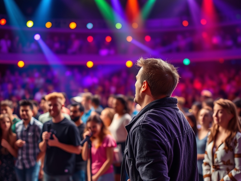 A vibrant scene from The Voice featuring contestants performing on stage, with judges in their chairs, capturing the energy a