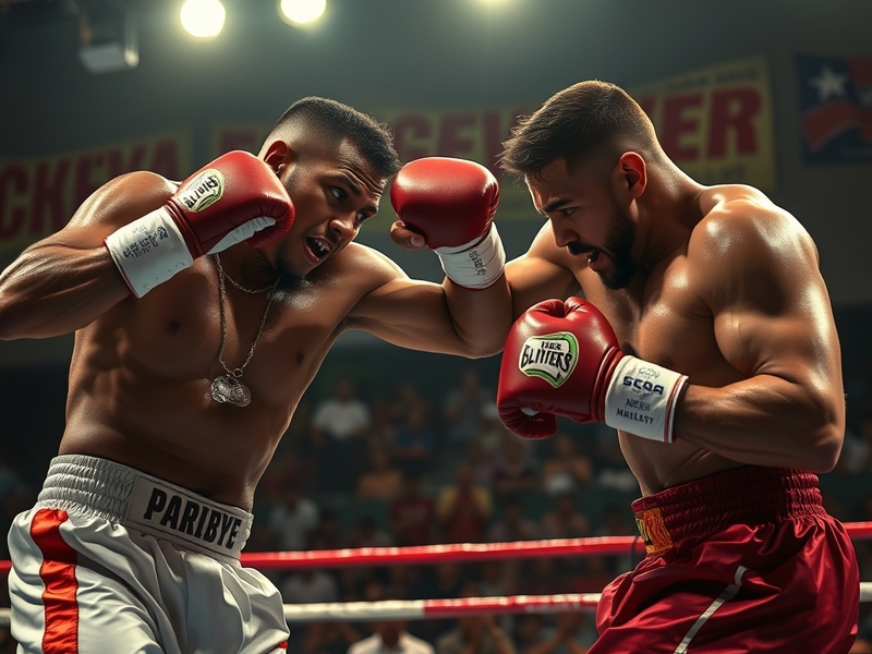 An action shot of two boxers in a virtual ring, showcasing intense gameplay with vibrant graphics and dynamic movements.