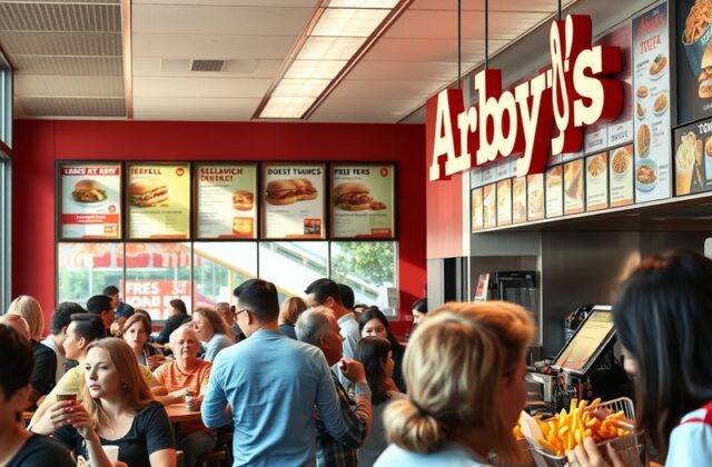 A visually appealing image of a classic Arby's roast beef sandwich with curly fries, set against a vibrant restaurant backdro
