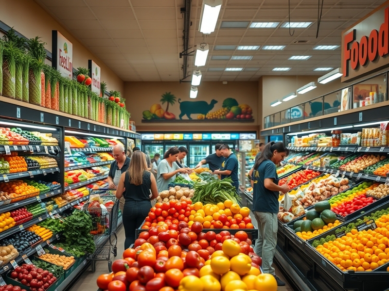 A vibrant Food Lion store interior showcasing fresh produce, a welcoming layout, and friendly staff assisting customers.