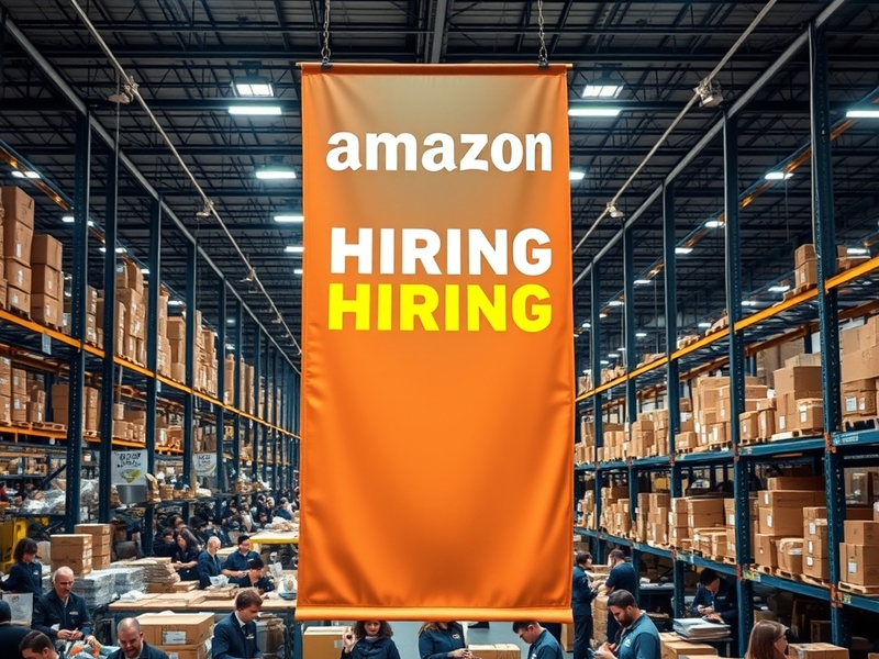 An image depicting a bustling Amazon warehouse with employees engaged in various tasks, showcasing a dynamic work environment