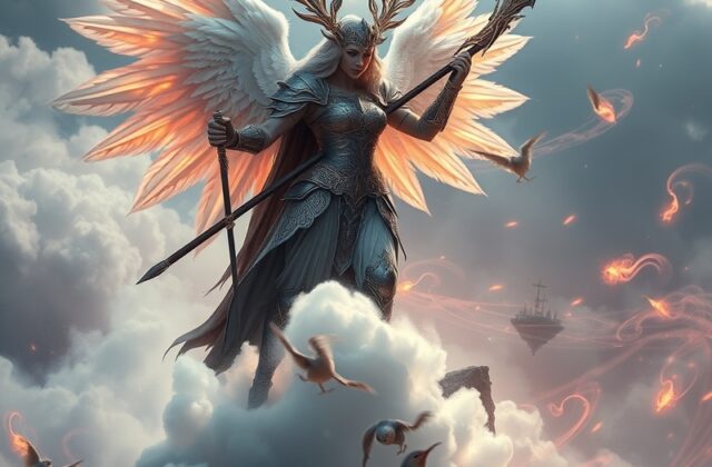An artistic representation of Valkyries in a dream-like setting, showcasing ethereal landscapes and warrior maidens guiding f