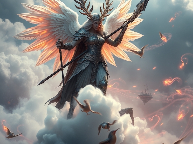 An artistic representation of Valkyries in a dream-like setting, showcasing ethereal landscapes and warrior maidens guiding f