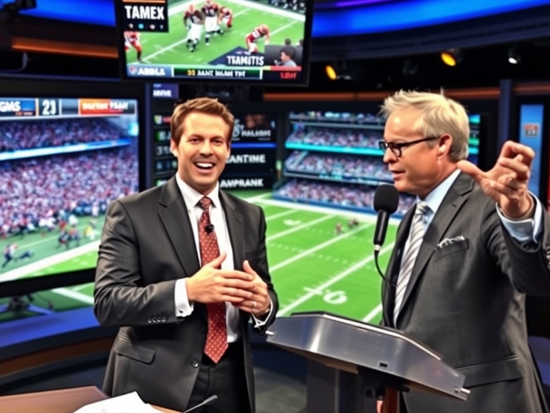 A dynamic shot of Troy Aikman and Joe Buck in the broadcast booth, showcasing their engaging expressions while discussing a f