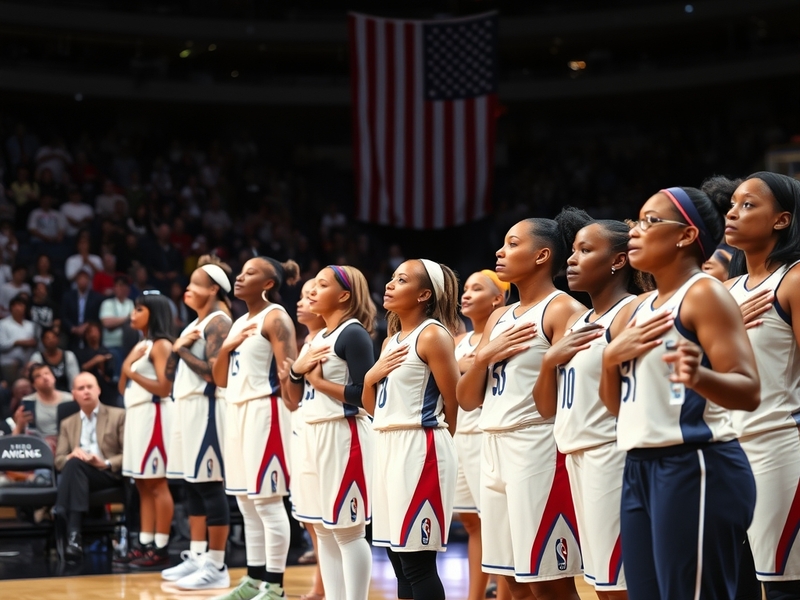 A vibrant scene from a WNBA game featuring players standing or kneeling during the national anthem, capturing the emotional a