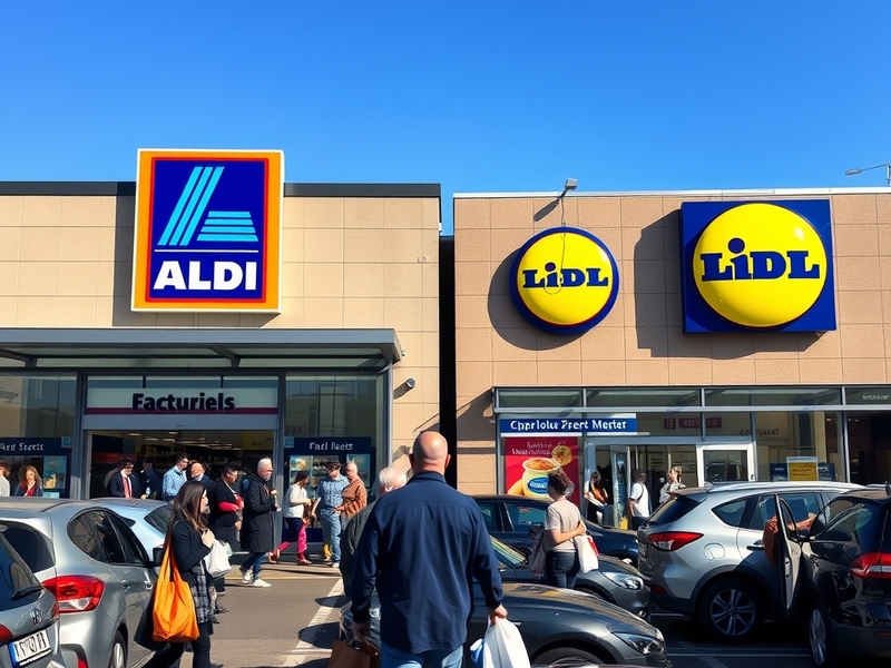 A vibrant grocery aisle showcasing Aldi and Lidl products, with shoppers exploring affordable options, reflecting modern reta
