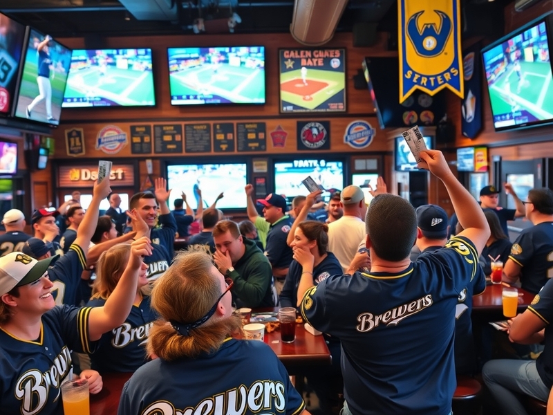 A lively sports bar filled with enthusiastic fans wearing jerseys, watching a baseball game on large screens, with drinks and
