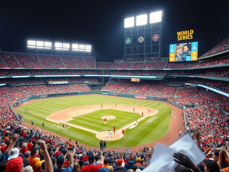 A vibrant stadium filled with cheering fans, players on the field in action, and the iconic World Series logo prominently dis