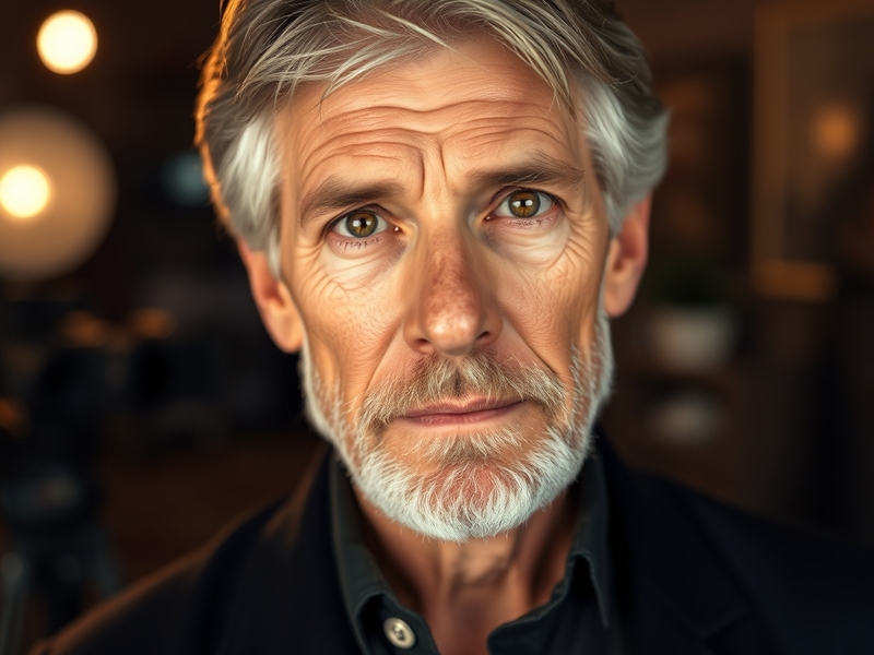 A portrait of Tom Skerritt, showcasing his distinguished features and warm smile, set against a classic film backdrop, evokin