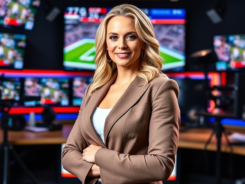 A professional image of Britt McHenry reporting at a sports event, showcasing her in action with a microphone and a sports ba