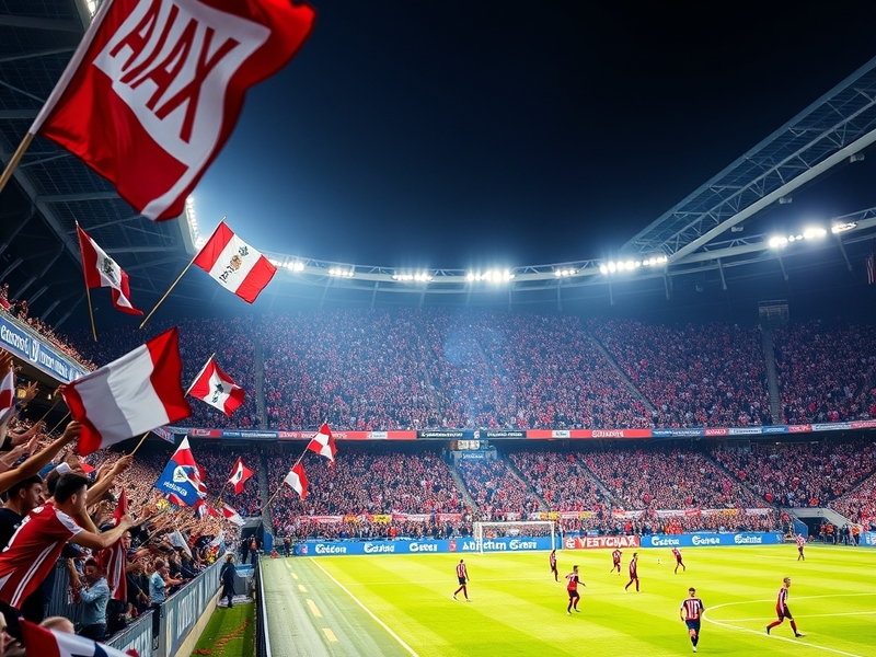 A dramatic football match scene featuring Ajax Amsterdam and Atalanta BC players in action, showcasing their intensity and sk
