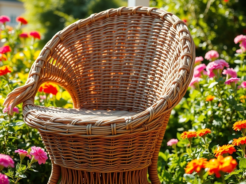 A beautifully arranged outdoor patio featuring wicker furniture, surrounded by lush greenery, creating a serene and inviting