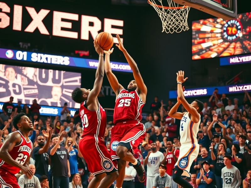 A dynamic shot of the Philadelphia 76ers in action during a game, showcasing players in motion, the intensity of competition,