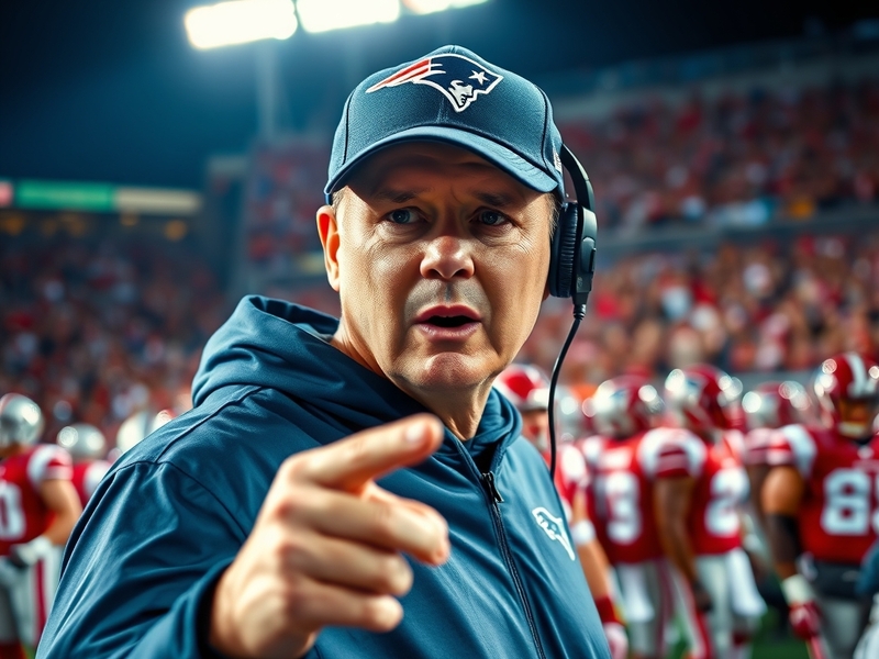 An image of Bill Belichick during a game, showcasing his focused demeanor on the sidelines, with the Patriots logo in the bac