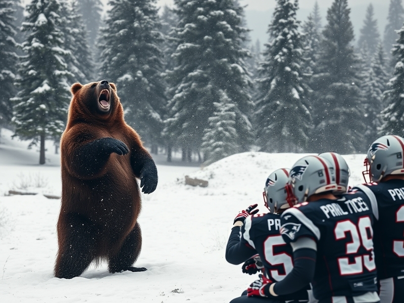 A dynamic illustration capturing the intensity of a Bears vs Patriots game, featuring players in action on the field with che