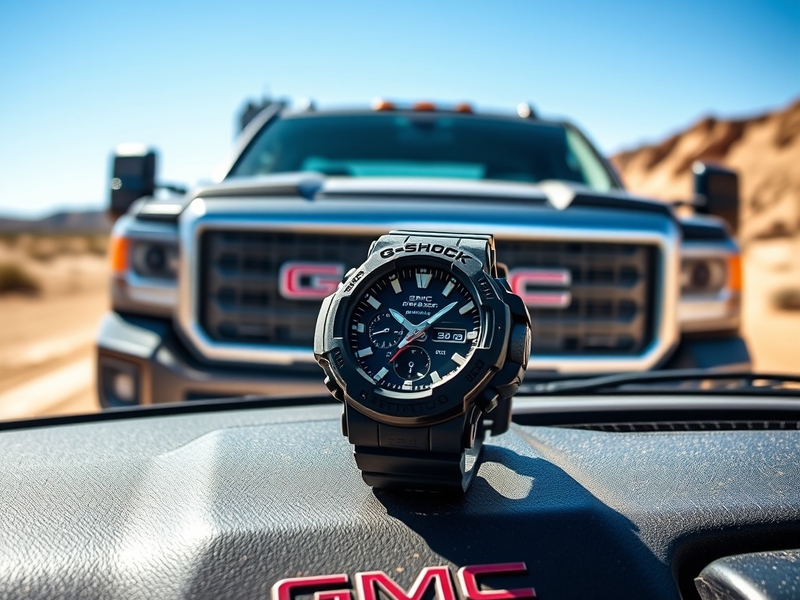 A G-Shock GMC 2500 watch displayed outdoors, showcasing its rugged design against a backdrop of mountains and trees, emphasiz