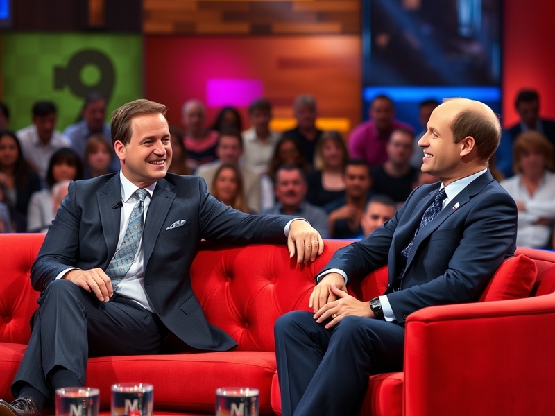 A lively talk show set featuring Graham Norton and Prince William engaged in conversation, with a vibrant audience in the bac