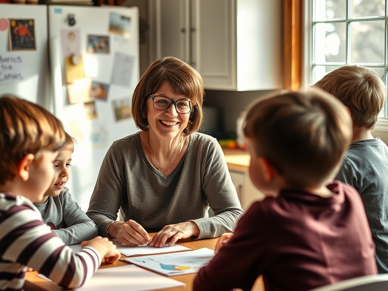 A warm, inviting image of a mother with her children, showcasing a moment of connection, laughter, and togetherness in a cozy
