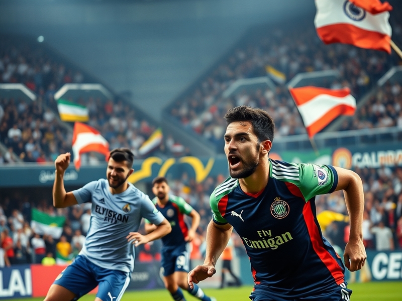 A dynamic image capturing the intensity of the Al-Faisaly vs Al-Nassr match, showcasing players in action, with fans cheering