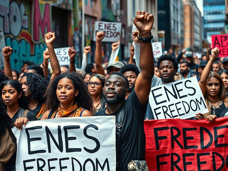 A powerful image of Enes Freedom speaking at a rally, surrounded by supporters holding signs advocating for human rights, cap