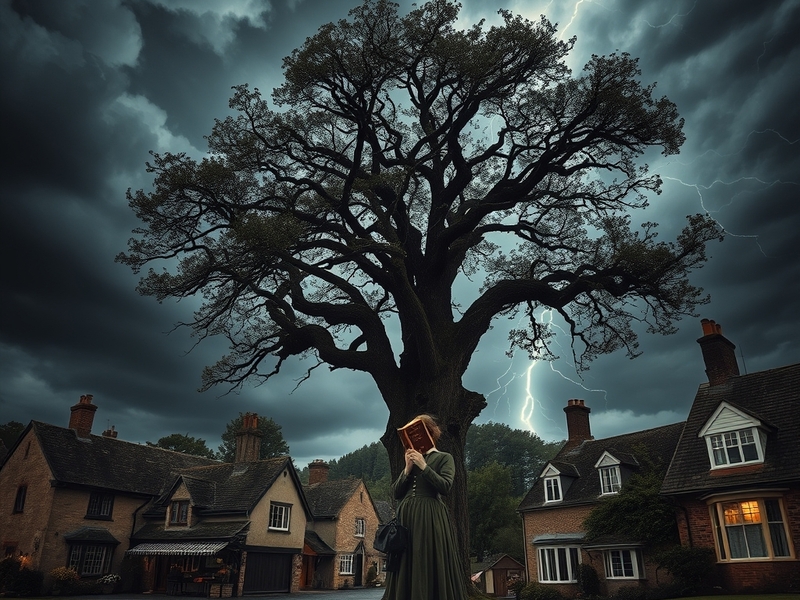 An artistic representation of Jane Austen's world, featuring vintage books, quills, and a serene English countryside backdrop