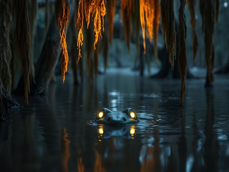 An eerie Southern swamp at dusk, shrouded in mist, with hints of folklore creatures peeking through the trees, creating a mys