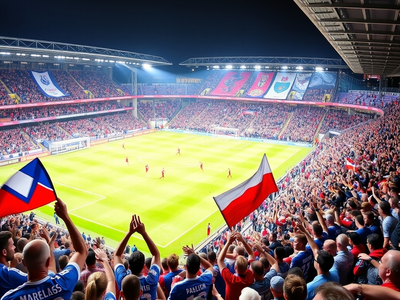 A vibrant scene from a football match between Ipswich Town and Nottingham Forest, showcasing passionate fans, club colors, an
